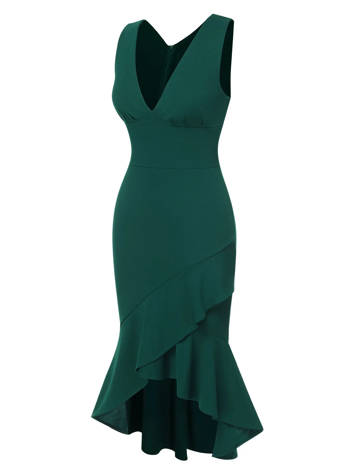 1930s V-Neck Solid Fishtail Bodycon Dress