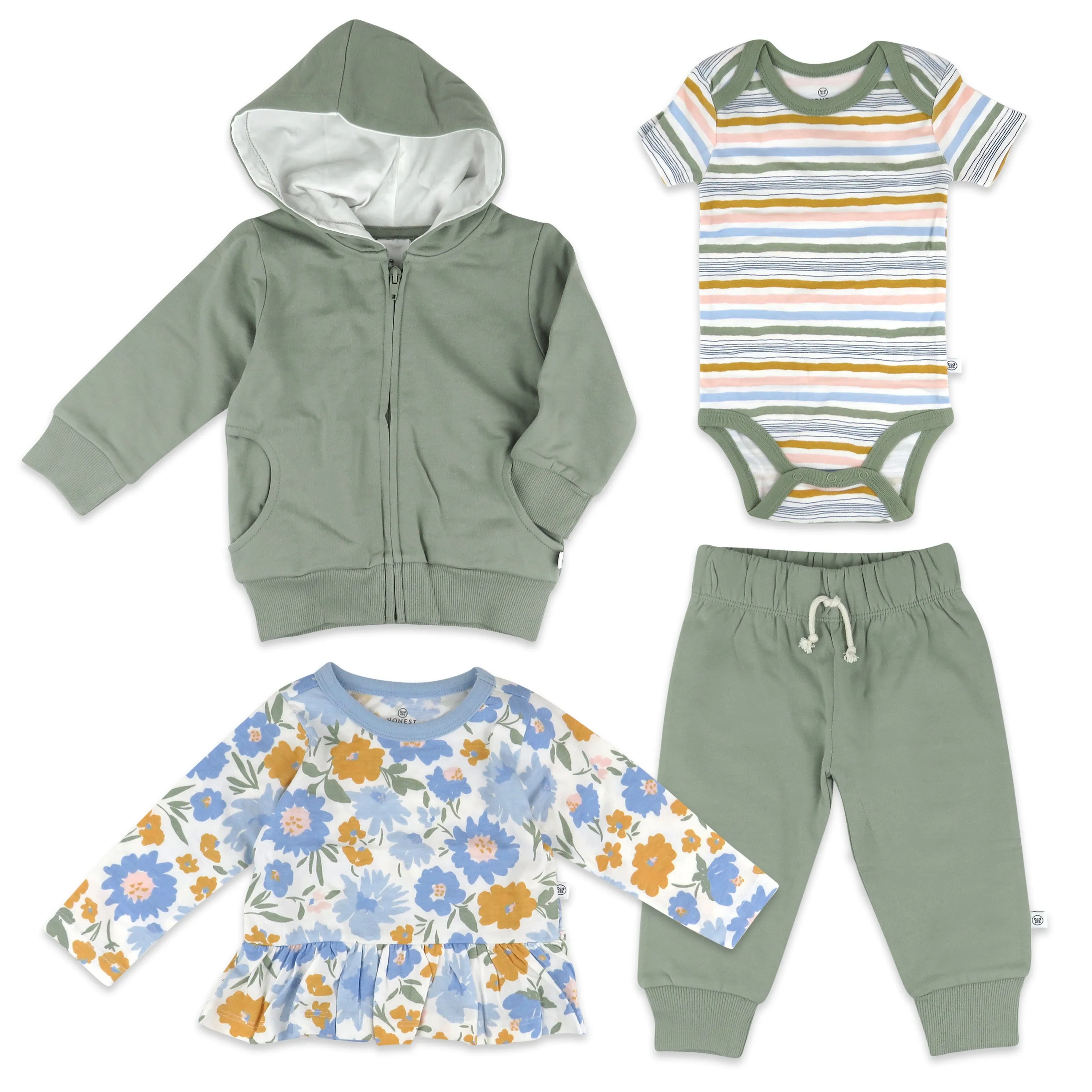 4-Piece Bundle Long Shirt, SS Bodysuit, Sweatshirt, and Sweatpant