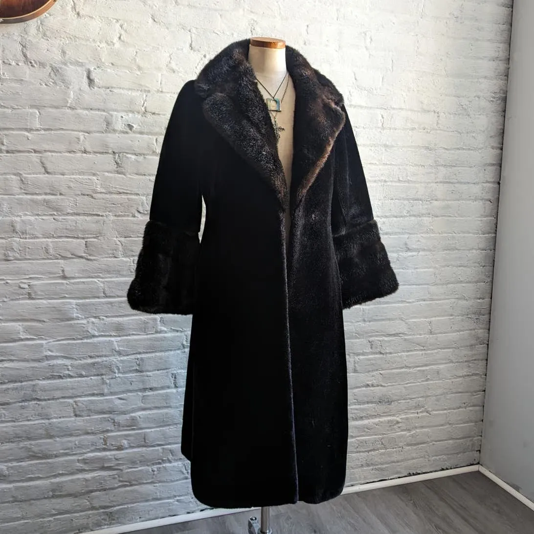 70s Vintage Vegan Velvet Fur Trench Coat Mob Wife Black Brown Penny Lane Jacket