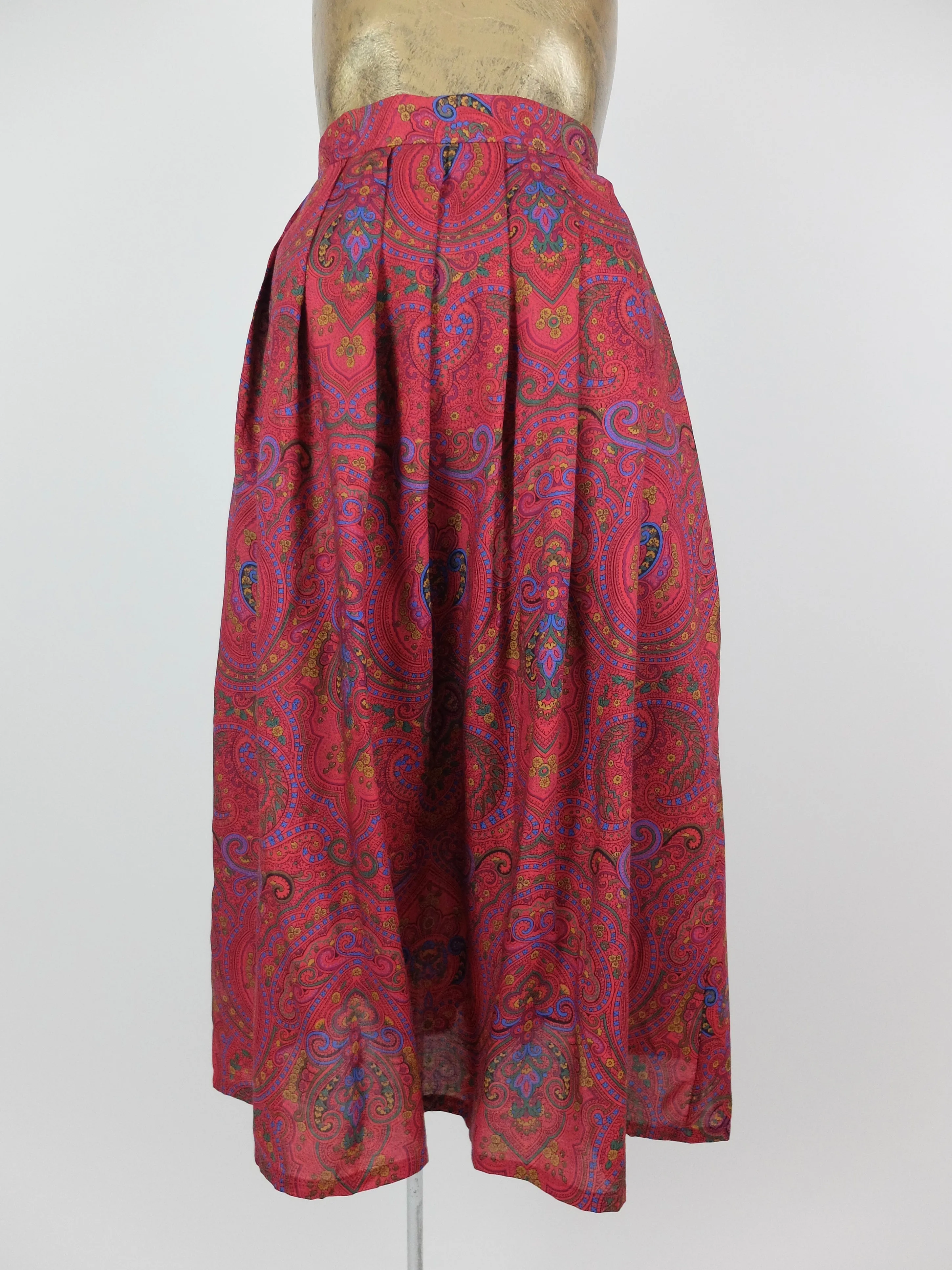 80s High Waisted Paisley Patterned Pleated Midi Skirt