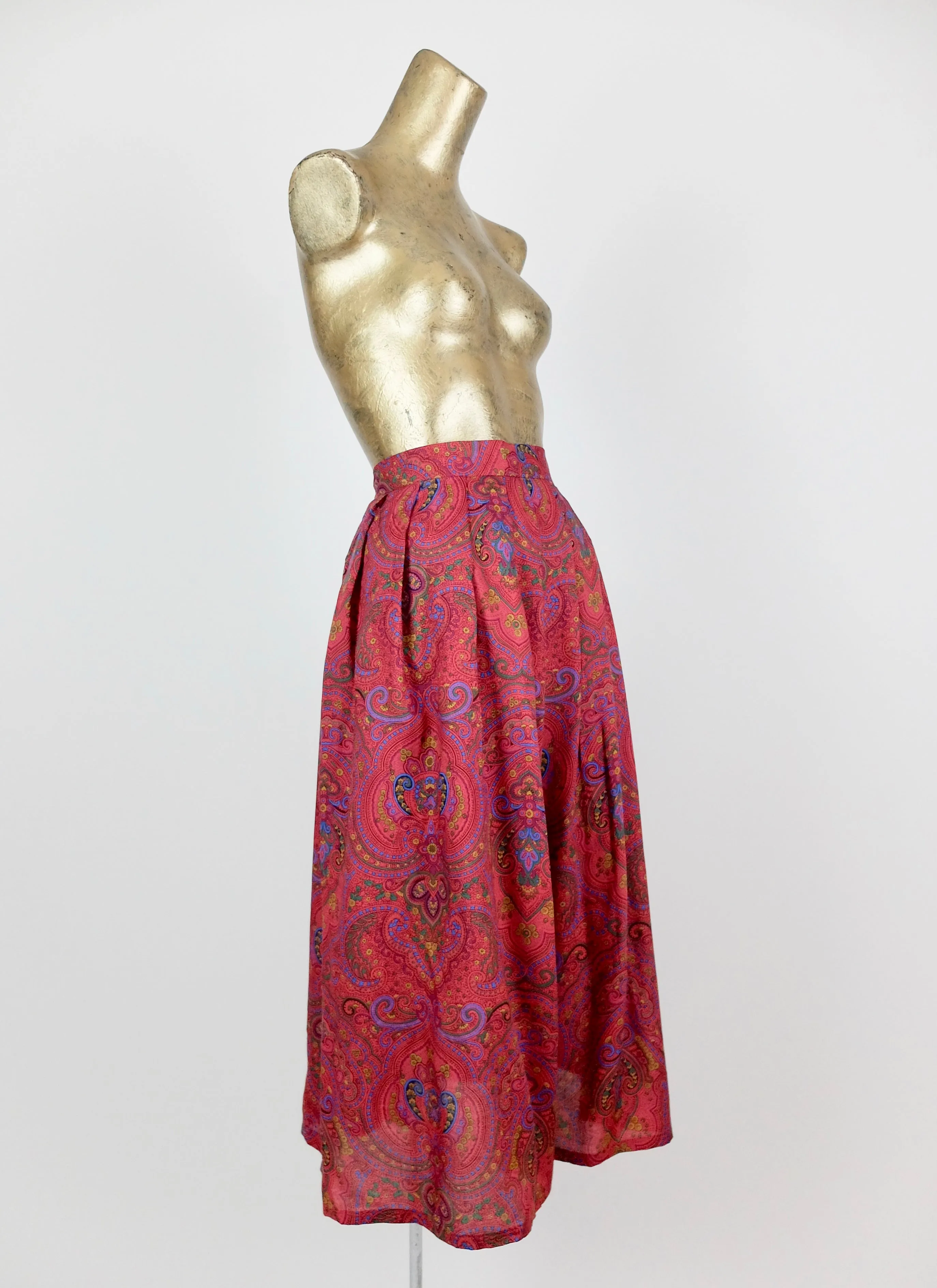 80s High Waisted Paisley Patterned Pleated Midi Skirt