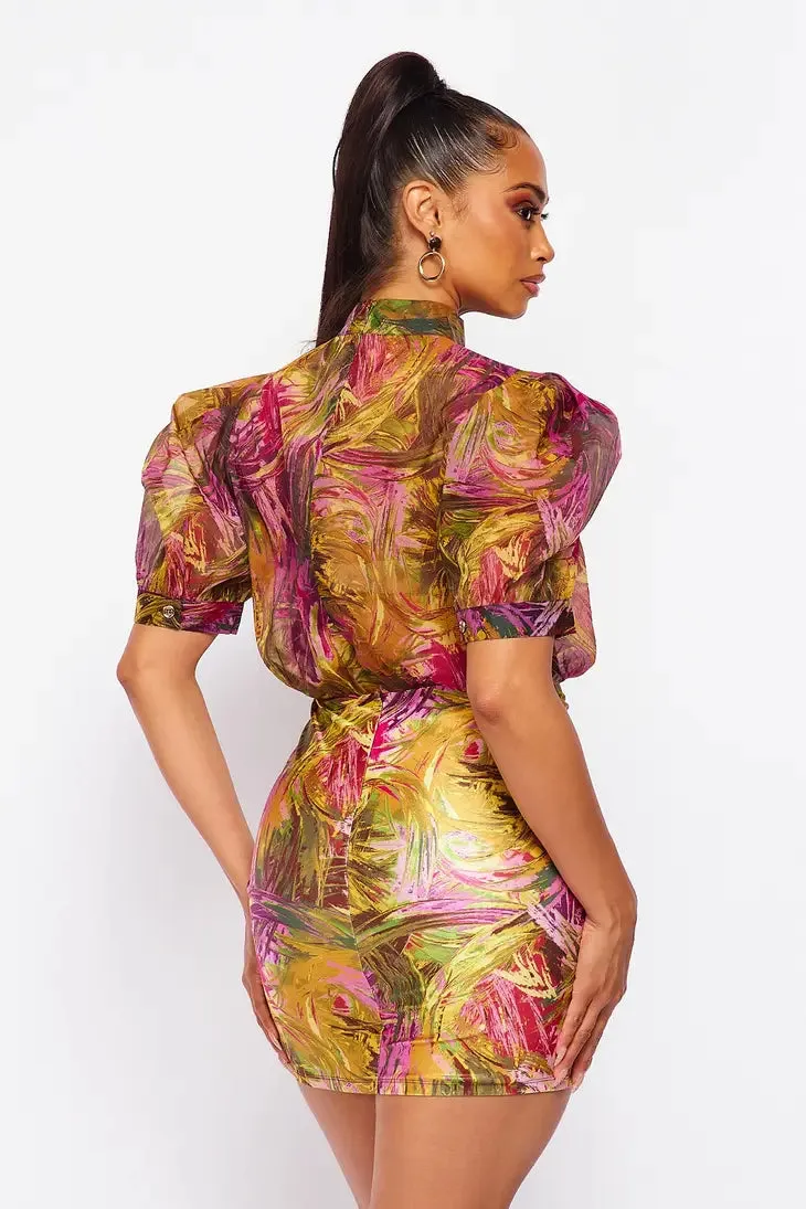 Abstract Printed Puff Sleeves Dress