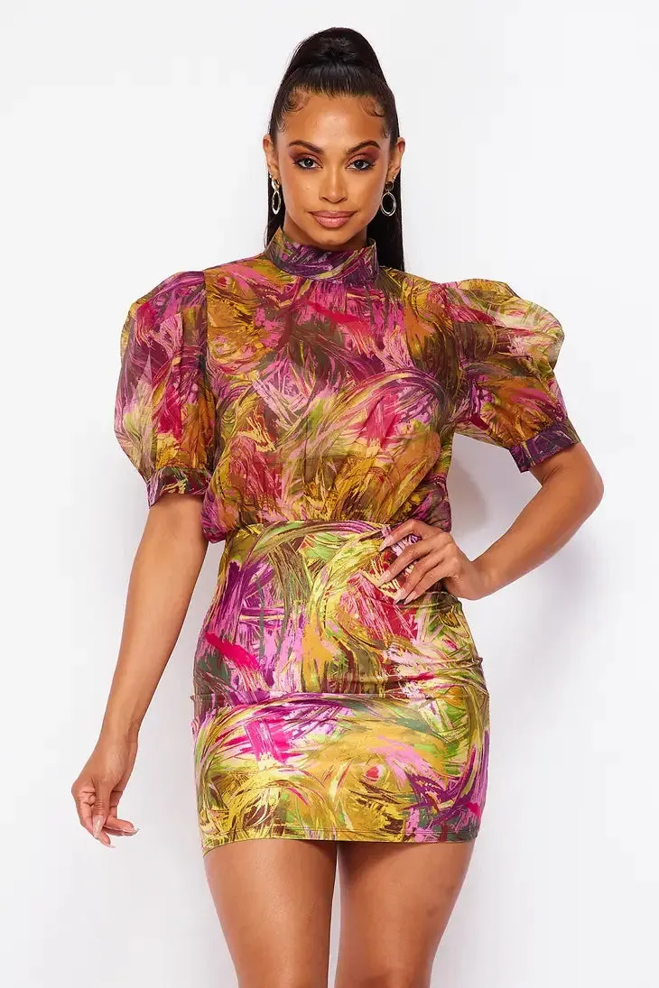 Abstract Printed Puff Sleeves Dress