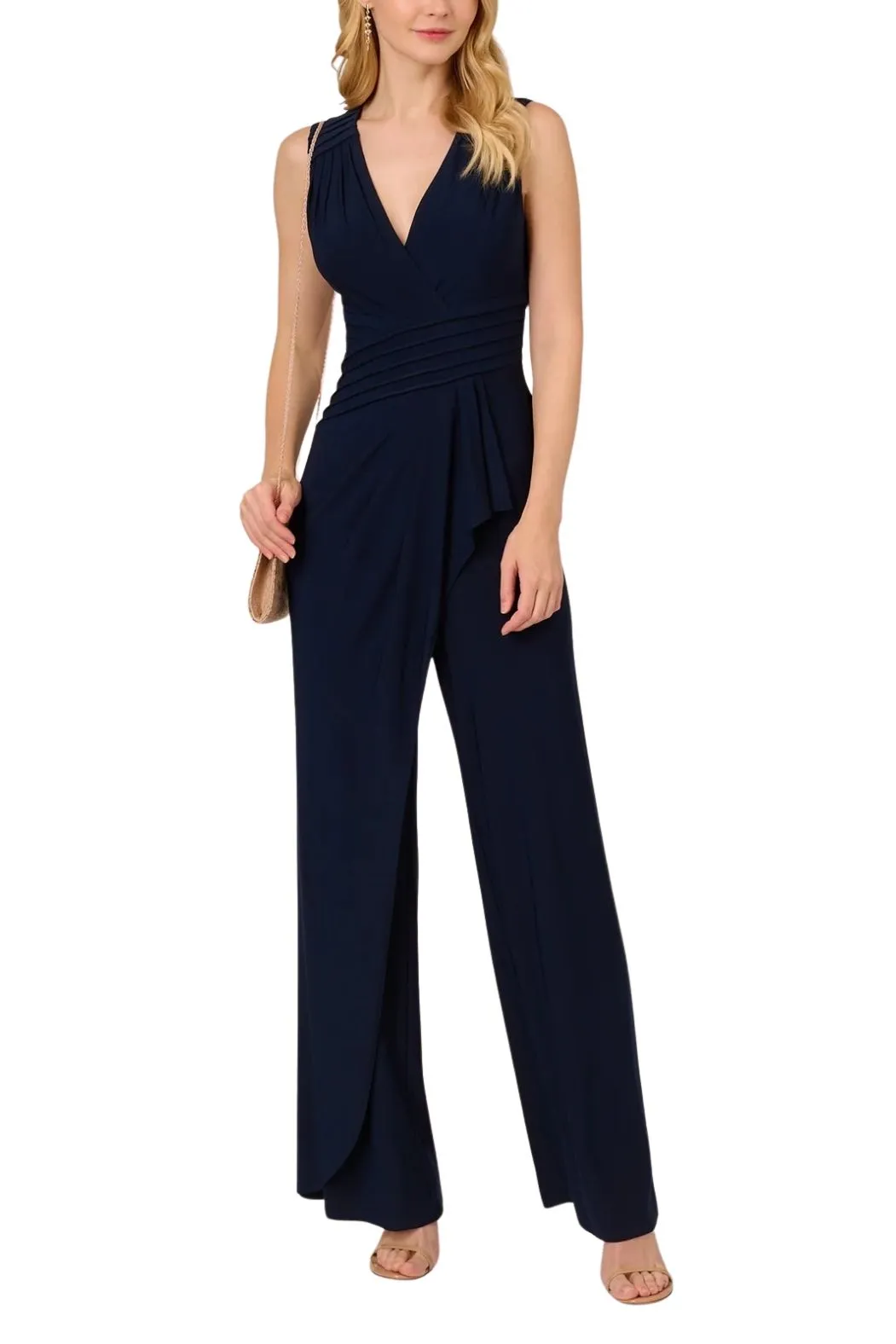 Adrianna Papell Midnight Jersey Sleeveless Bodice Wide Legs Jumpsuit