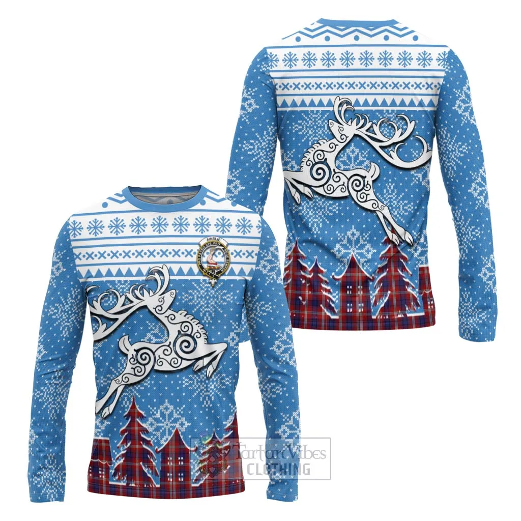 Ainslie Clan Christmas Long Sleeve T-Shirt Celtic Reindeer Style