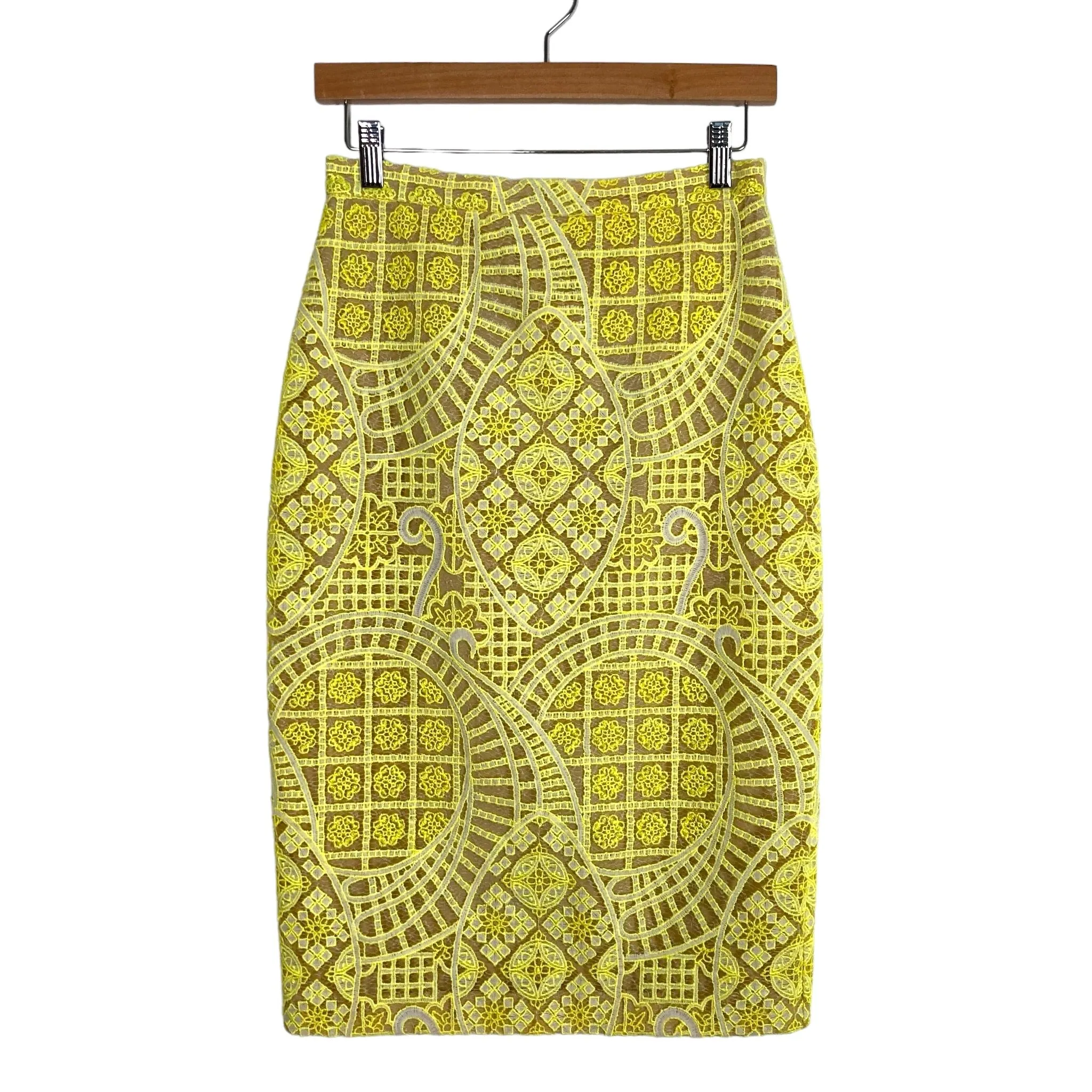 Alexis Neon Yellow Embroidered Overlay with Back Slit Pencil Skirt- Size S