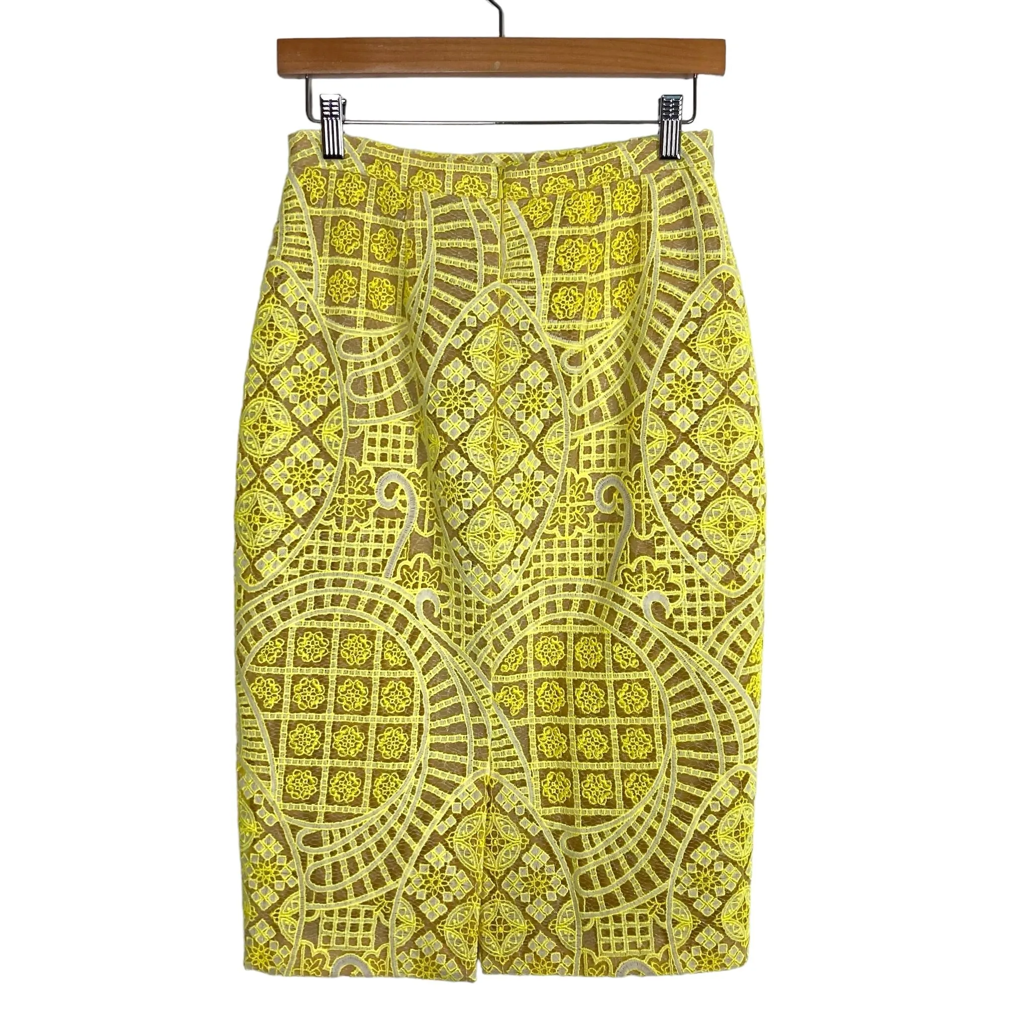 Alexis Neon Yellow Embroidered Overlay with Back Slit Pencil Skirt- Size S