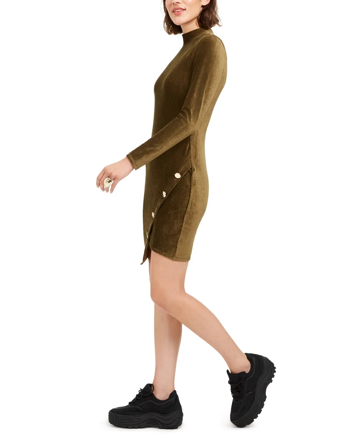 Almost Famous Junior's Corduroy Snap Bodycon Dress Green