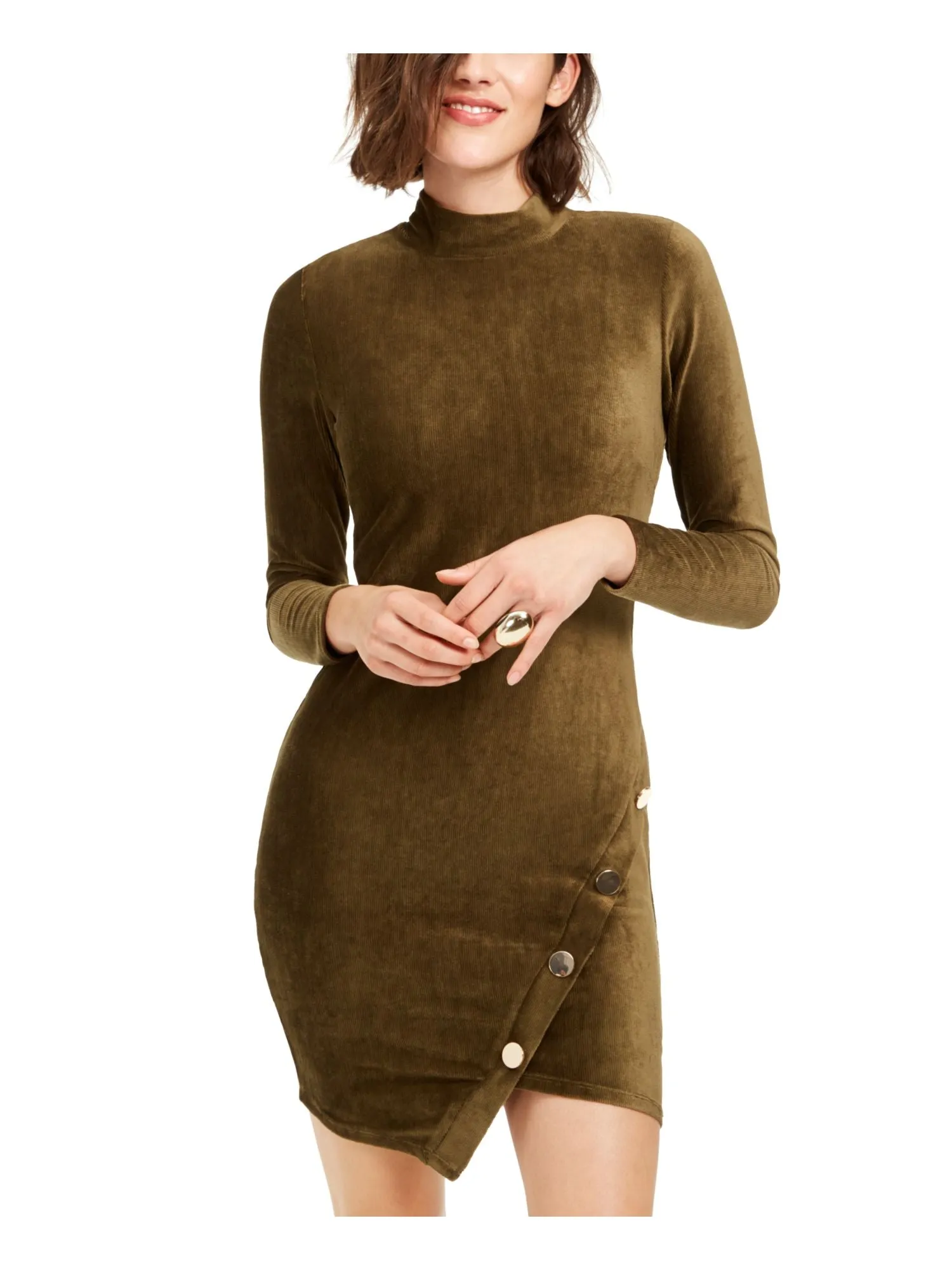 Almost Famous Junior's Corduroy Snap Bodycon Dress Green