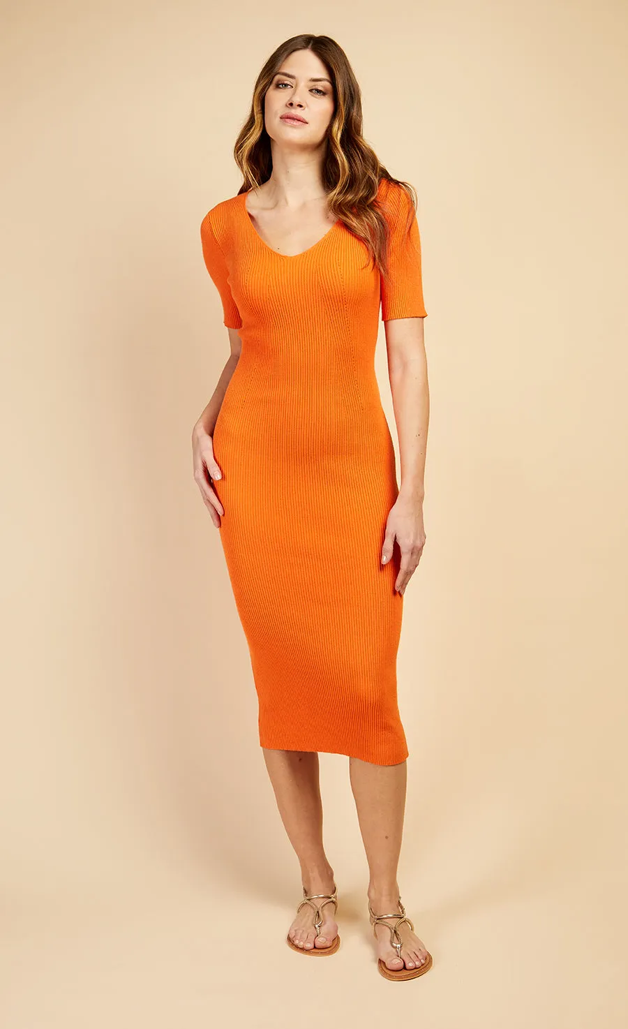 Apricot Ribbed Knit Midi Dress by Vogue Williams