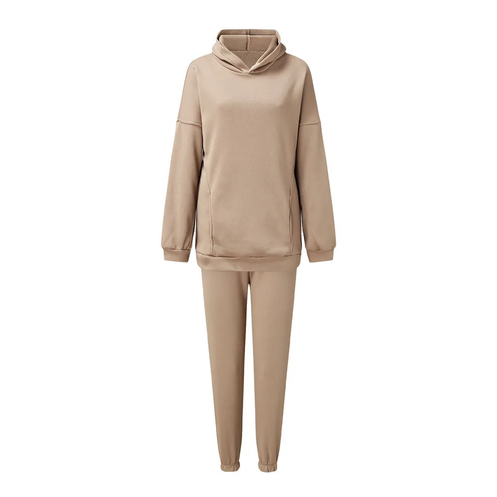 Athletic Drop Shoulder Long Sleeve Hoodie Matching Set - Beige