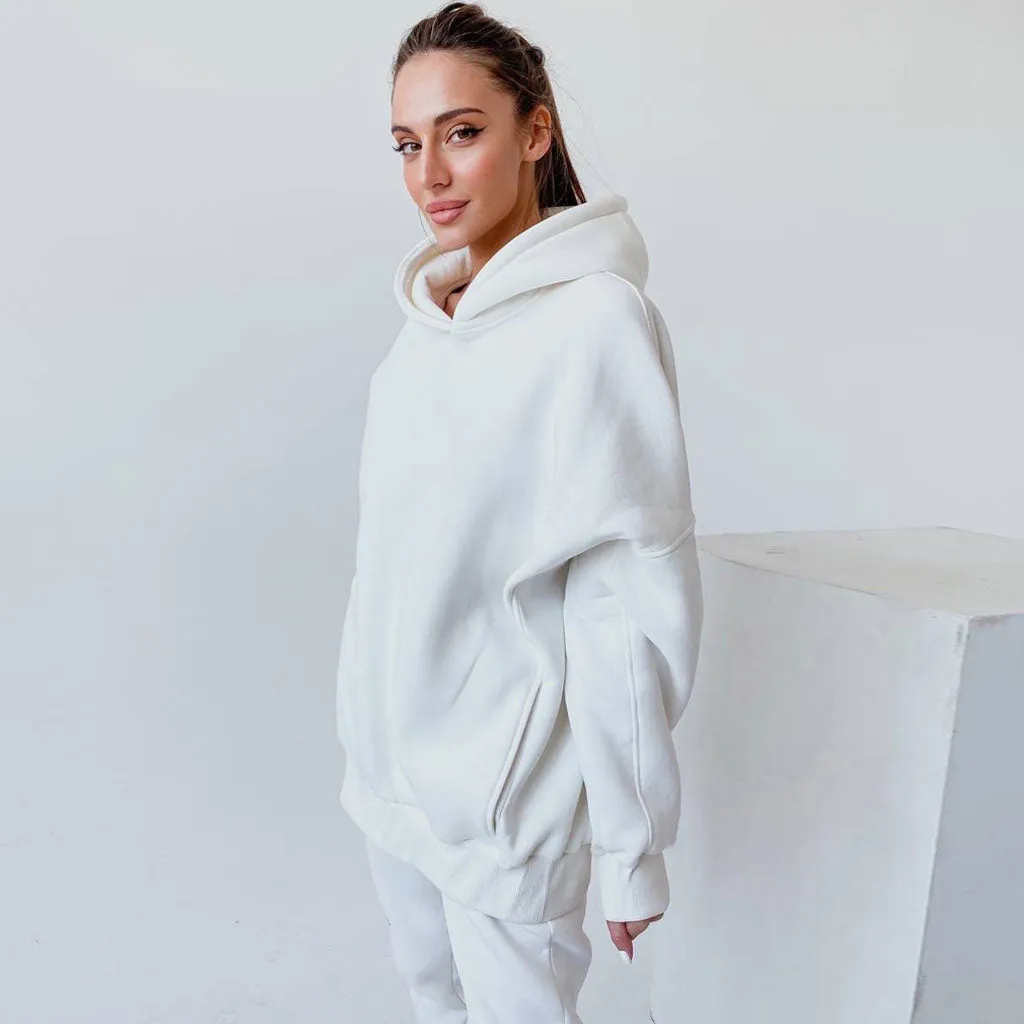 Athletic Drop Shoulder Long Sleeve Hoodie Matching Set - White