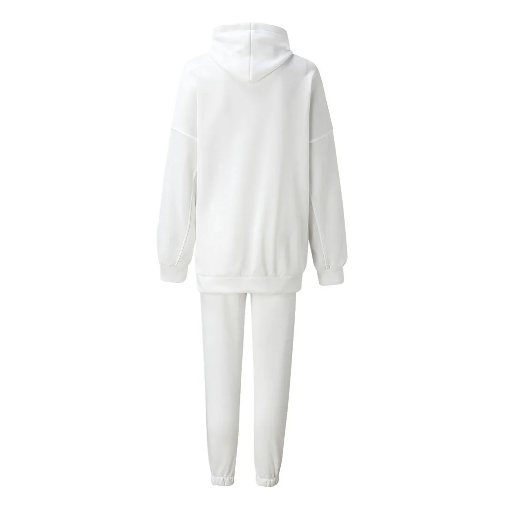 Athletic Drop Shoulder Long Sleeve Hoodie Matching Set - White