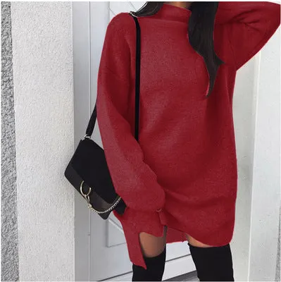 Autumn and winter home casual bag hip high neck dress high neck split dress