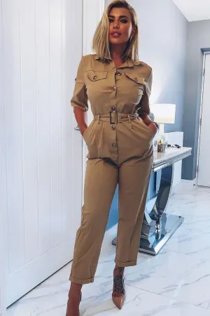 Beige Front Button Belted Boiler Jumpsuit - Nyrah