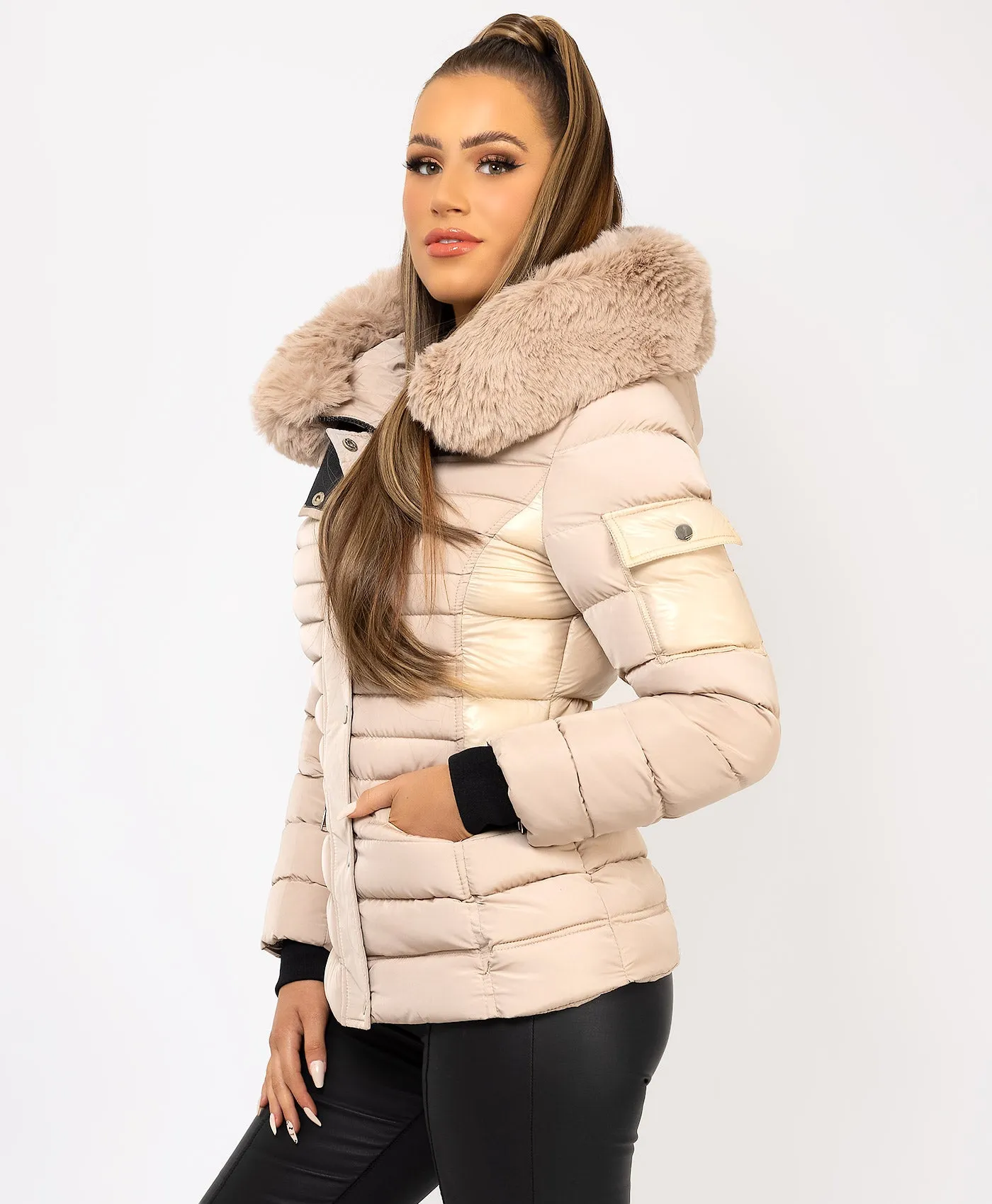 Beige Padded Quilted Faux Fur Hood Puffer Jacket Coat