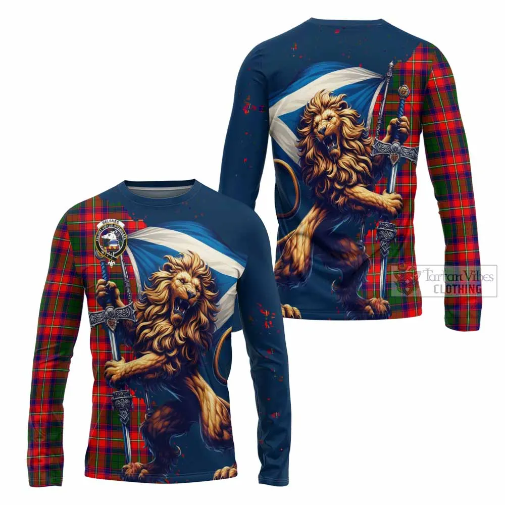 Belshes (Belsches) Tartan Family Crest Long Sleeve T-Shirt with Scottish Majestic Lion