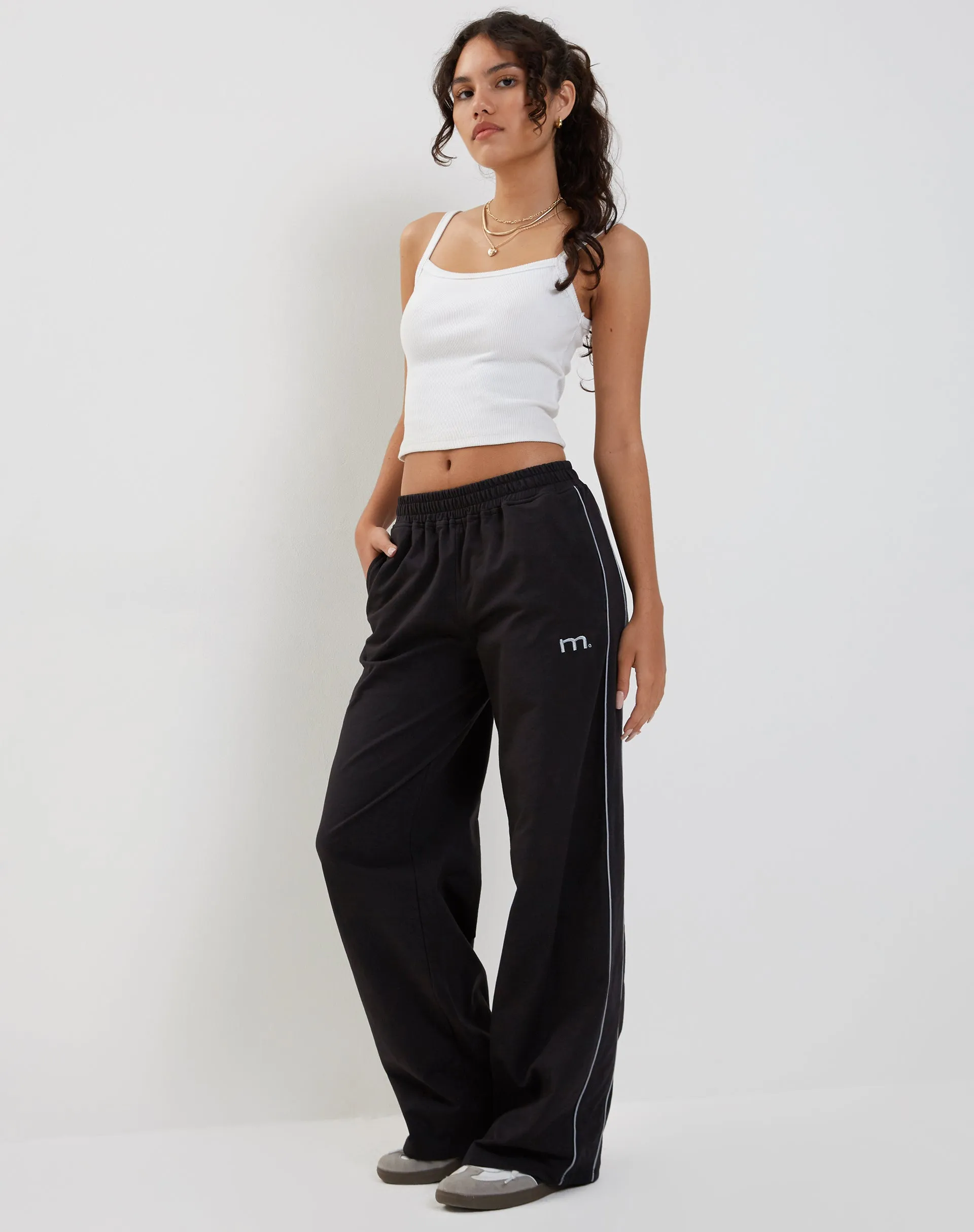 Benton Wide Leg Jogger in Black with Dark Grey Piping and 'M' Embroidery