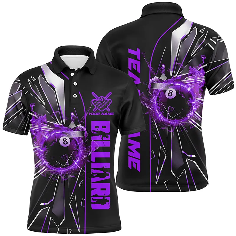 Billiard Blue and Purple Glass Crack 8 Ball Customized Name, Team Name 3D Polo Shirt For Men