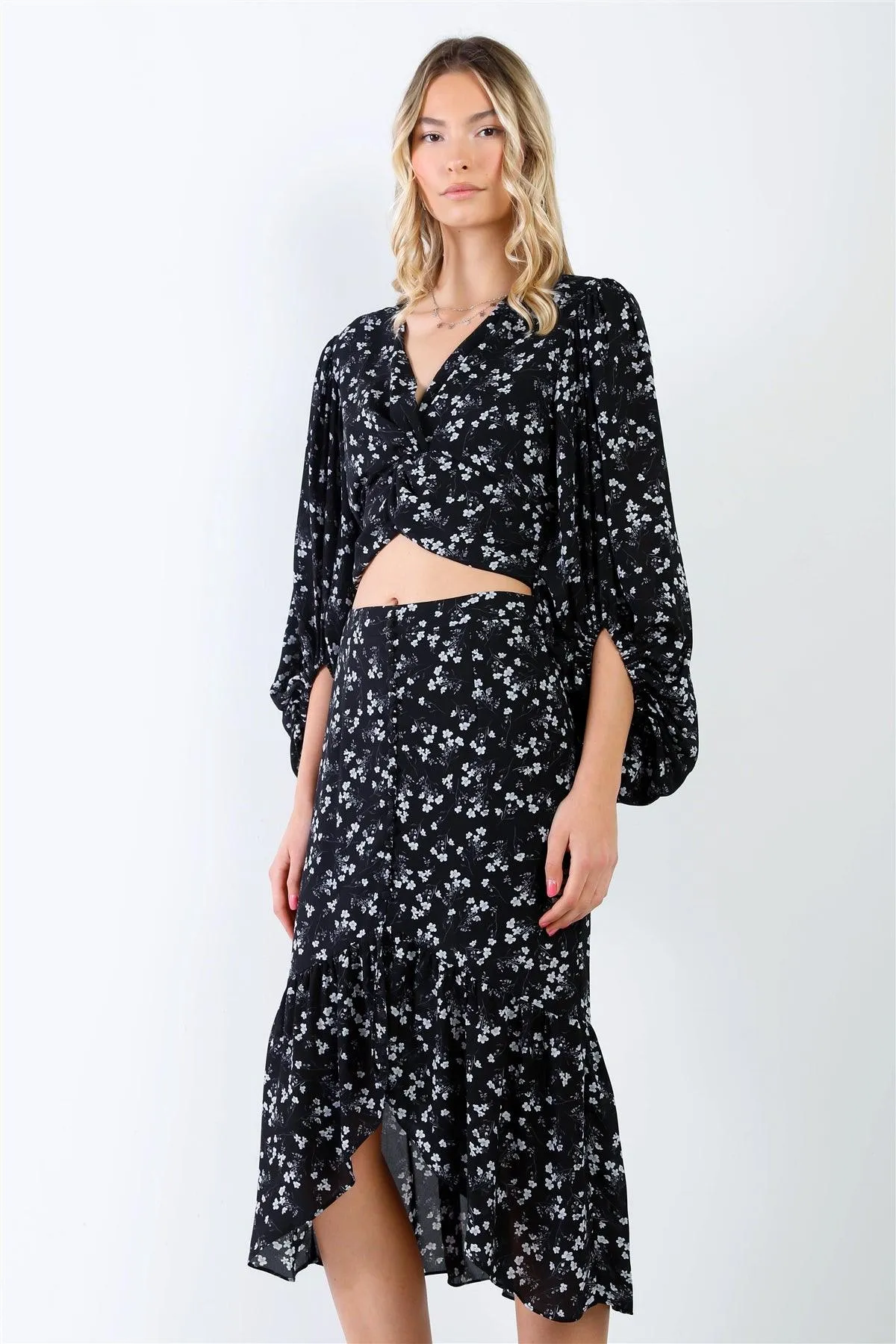 Black & White Floral Twist Detail Puff Balloon Midi Sleeve Top & Button Up Ruffle Hem High-Low Midi Skirt Set /1-2-1-1