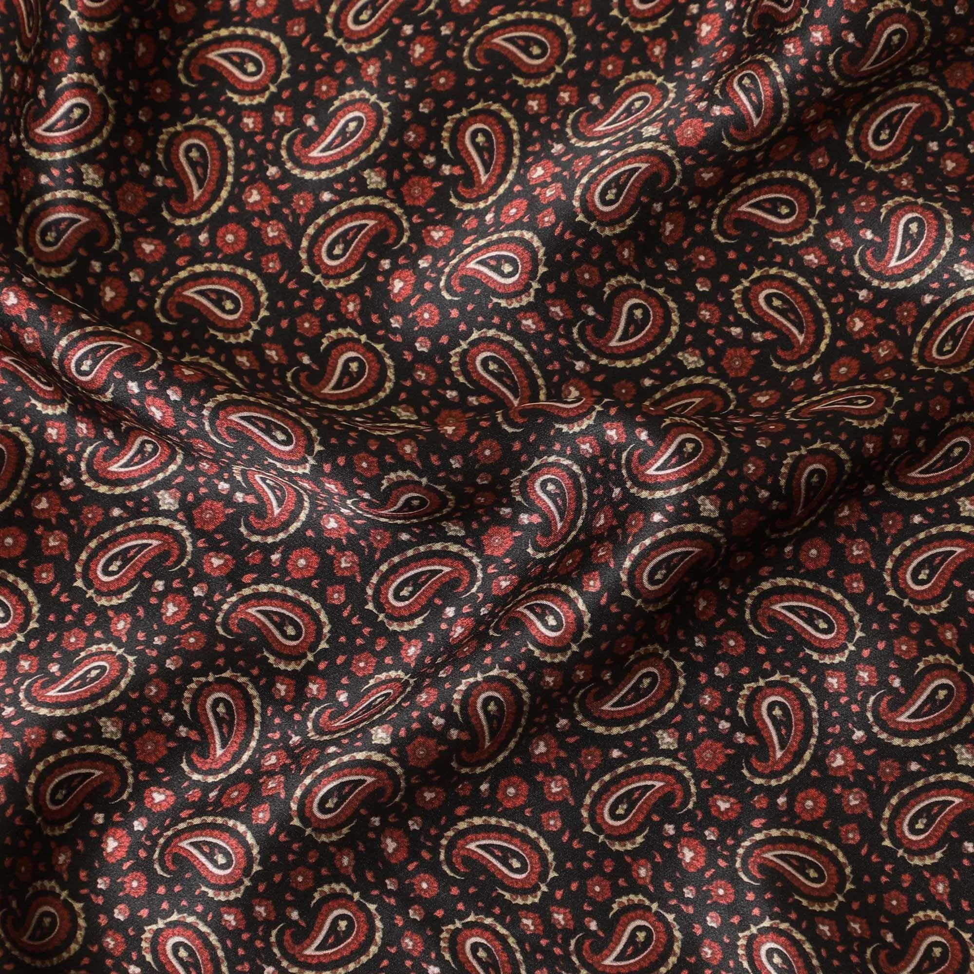 Black pure silk satin fabric with red and beige print in paisley design-D8213