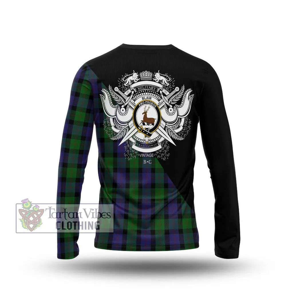 Blair Tartan Long Sleeve T-Shirt with Family Crest and Military Logo Style