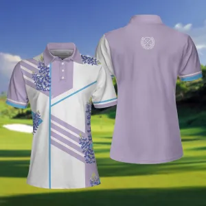 Bluebonnet With Purple Stripe Golf Short Sleeve Women Polo Shirt, White And Purple Texas Golf Shirt For Ladies Coolspod