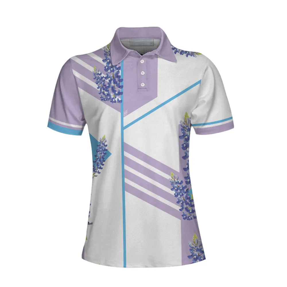 Bluebonnet With Purple Stripe Golf Short Sleeve Women Polo Shirt, White And Purple Texas Golf Shirt For Ladies Coolspod