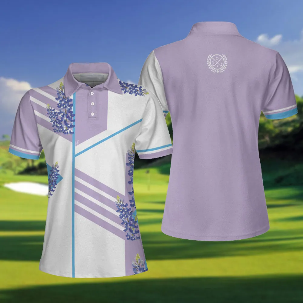 Bluebonnet With Purple Stripe Golf Short Sleeve Women Polo Shirt, White And Purple Texas Golf Shirt For Ladies Coolspod