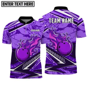 Bowling And Pins Purple Fire Customized Name, Team Name 3D Jersey Shirt For Men