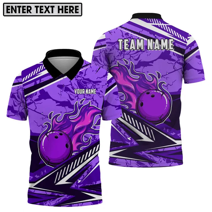 Bowling And Pins Purple Fire Customized Name, Team Name 3D Jersey Shirt For Men