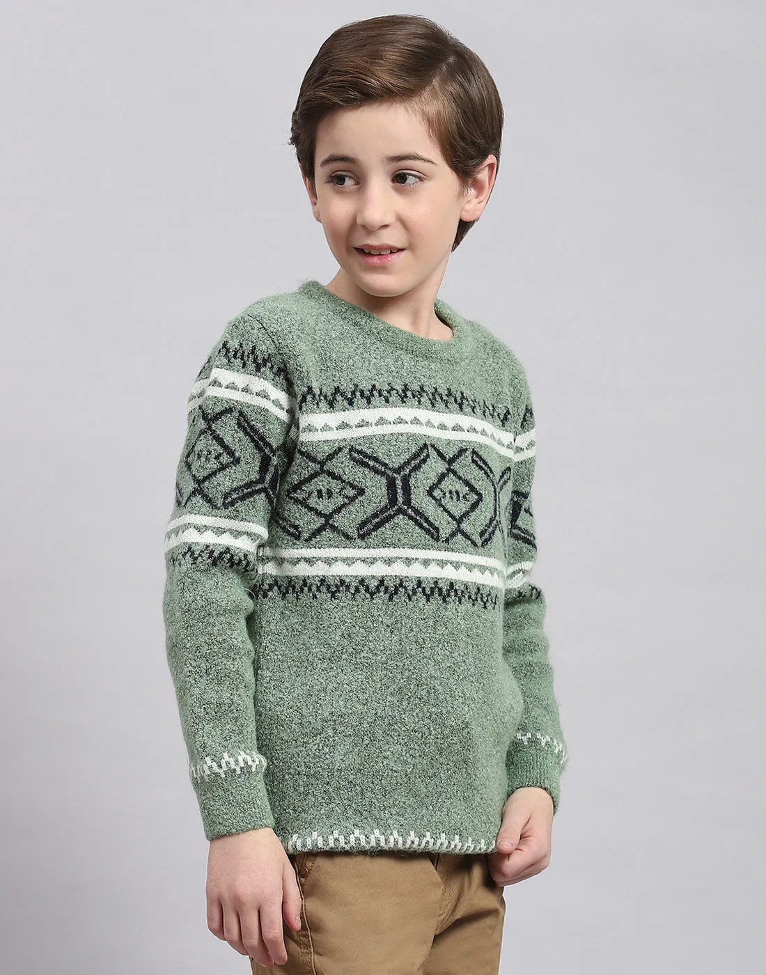 Boys Green Self Design Round Neck Full Sleeve Sweater