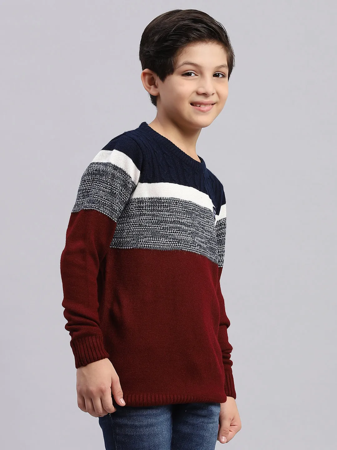 Boys Maroon Stripe Round Neck Full Sleeve Sweater