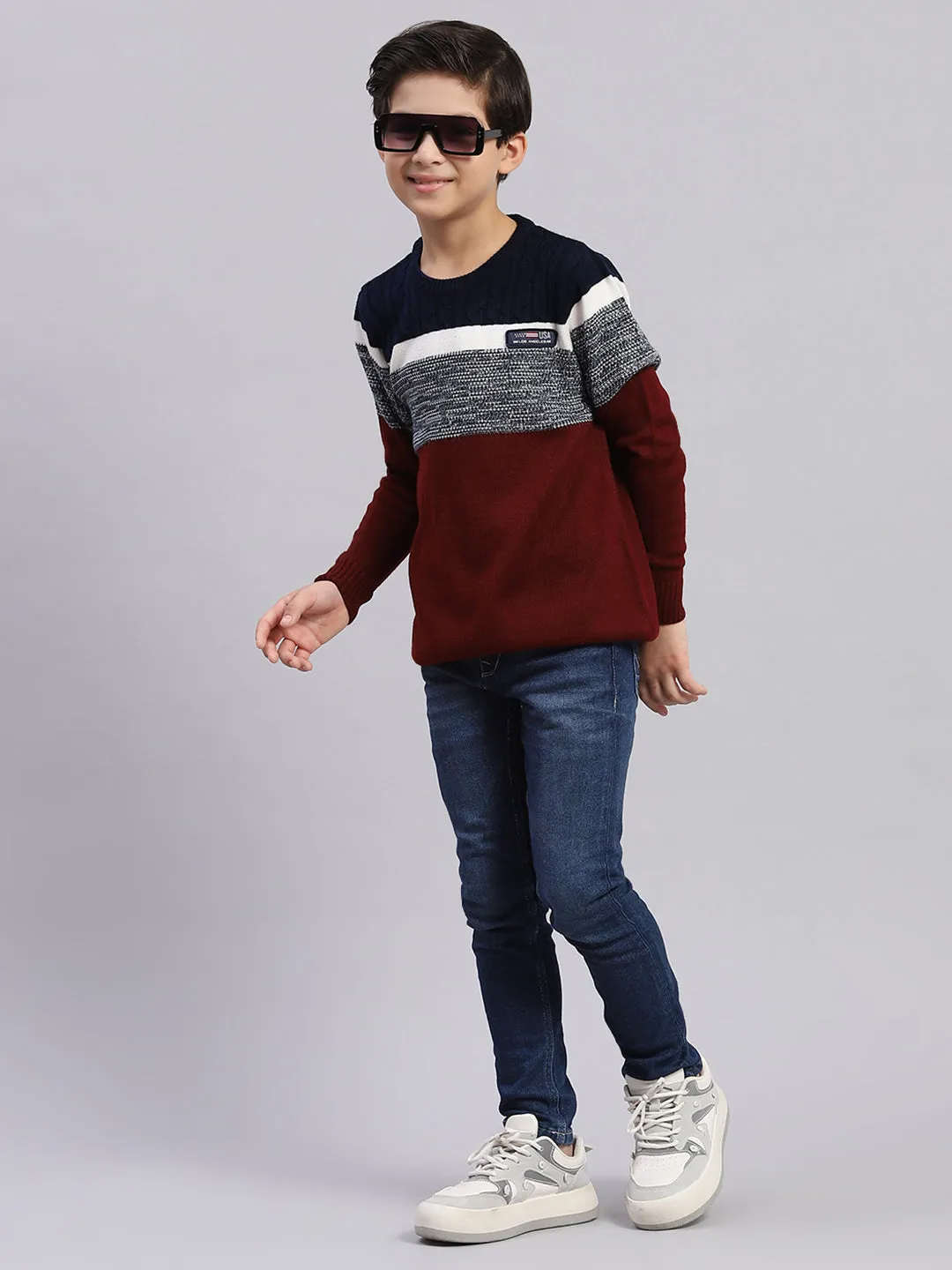 Boys Maroon Stripe Round Neck Full Sleeve Sweater