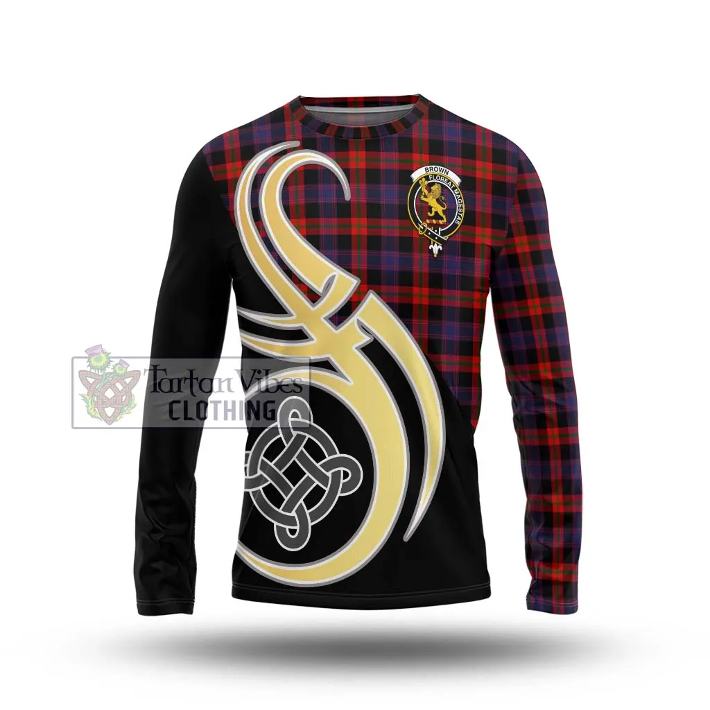 Brown (Broun) Tartan Long Sleeve T-Shirt with Family Crest and Celtic Symbol Style