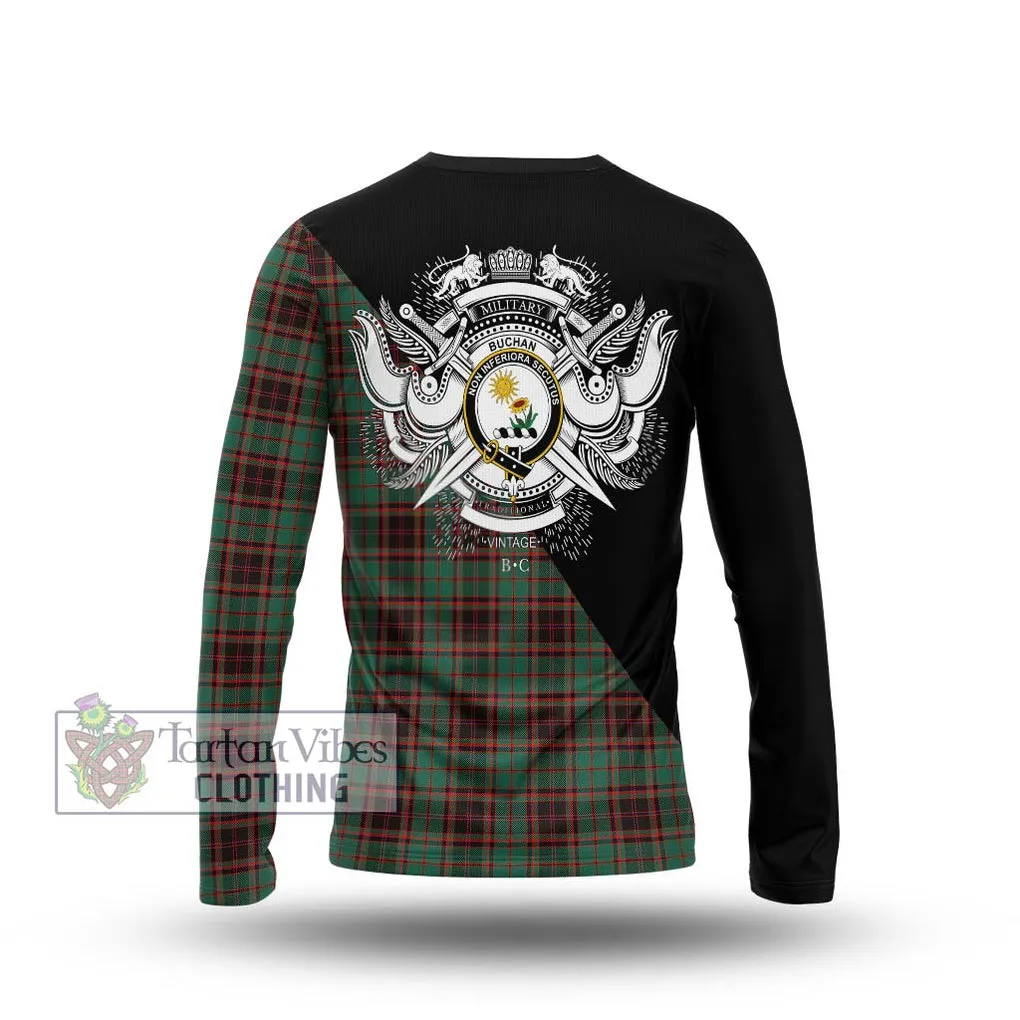 Buchan Ancient Tartan Long Sleeve T-Shirt with Family Crest and Military Logo Style