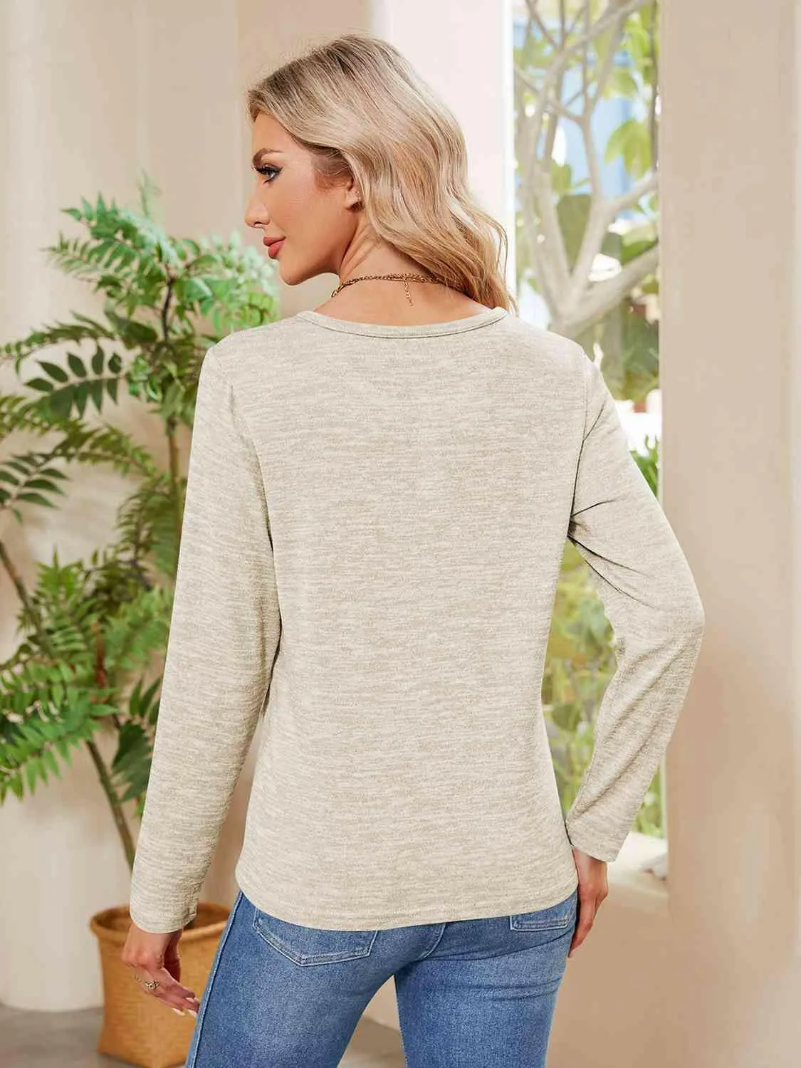 Buttoned Round Neck  Long Sleeve T-Shirt