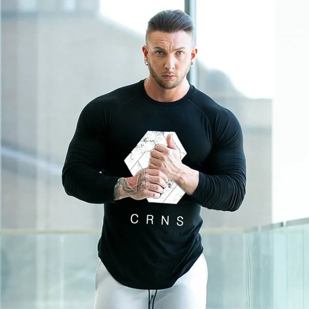 Casual Skinny Long sleeves t shirt Men Gym Fitness Bodybuilding Cotton Print T-shirt Male Workout Black Tees Tops Brand Clothing