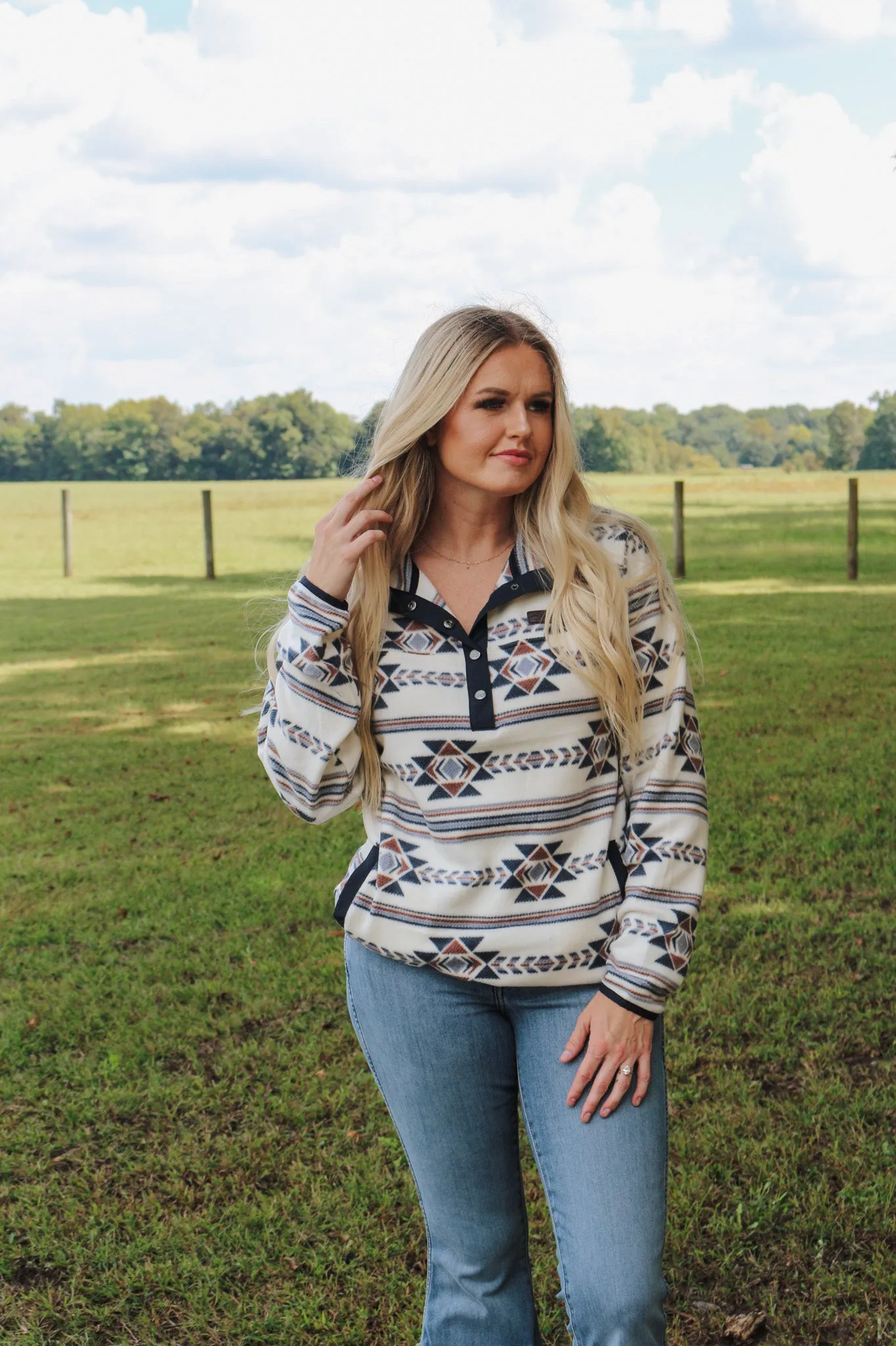 Cinch Women's Southwestern Print Fleece Pullover- Cream