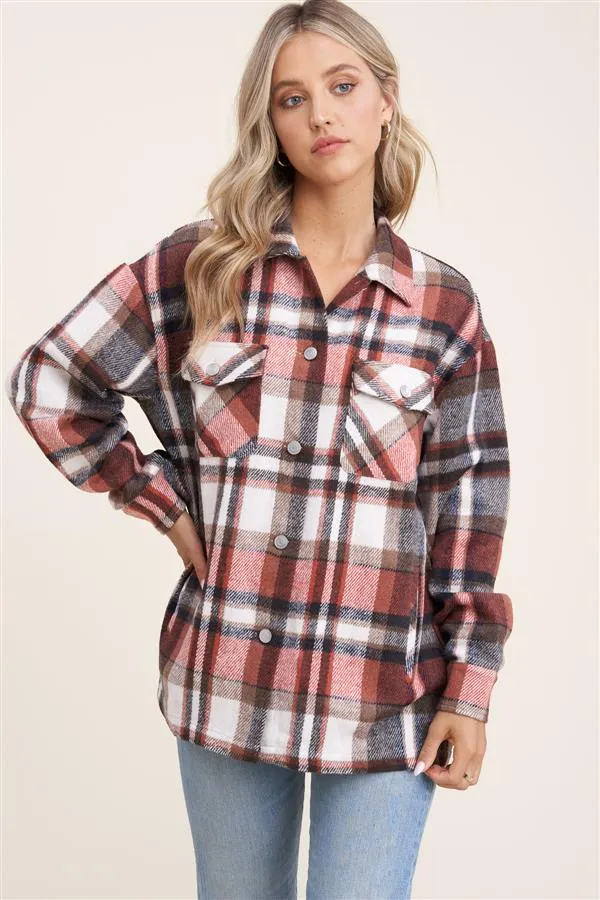 Collared snap button double-chest pocket plaid overshirt jacket (shacket)