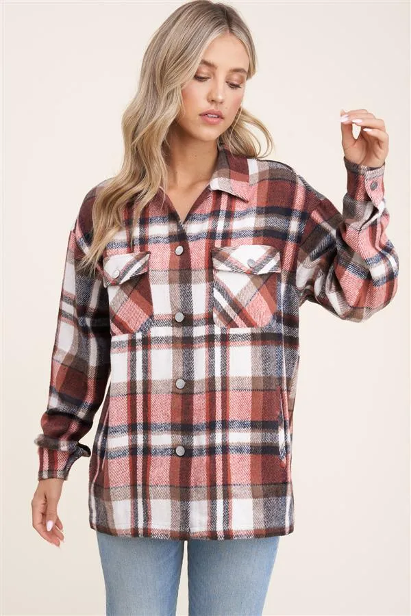 Collared snap button double-chest pocket plaid overshirt jacket (shacket)