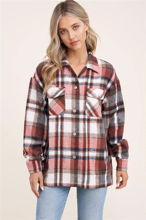 Collared snap button double-chest pocket plaid overshirt jacket (shacket)