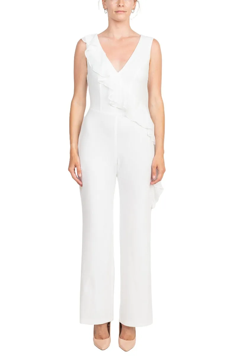 Connected Apparel V-Neck Sleeveless Ruffled Draped Zipper Back Jumpsuit