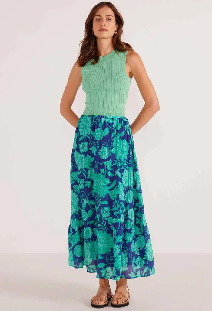 Connie Tiered Midi Skirt-Mint/Navy Floral