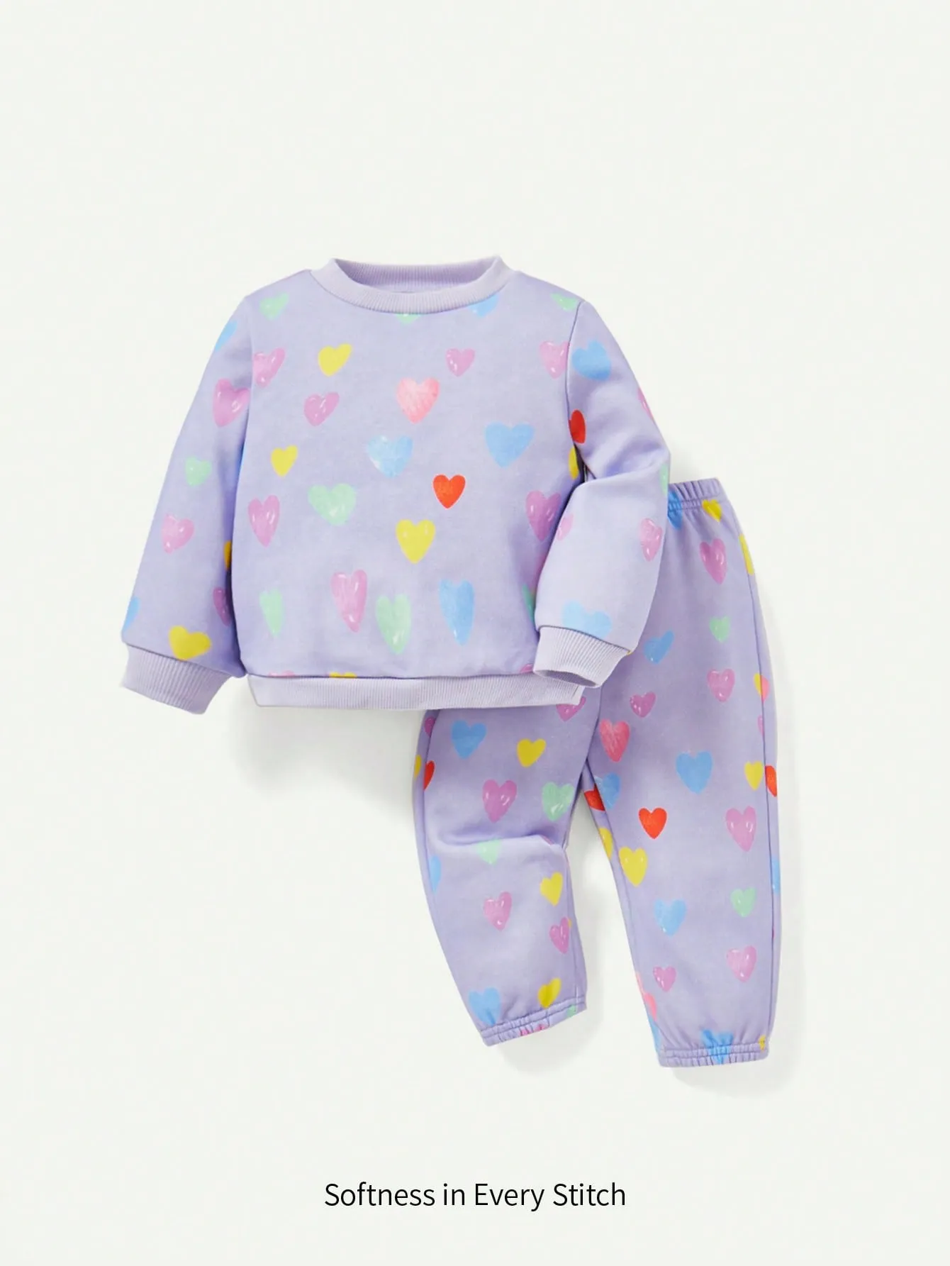 Cozy Cub Baby Girls' Heart Pattern Round Neck Drop Shoulder Sweatshirt And Pants Set