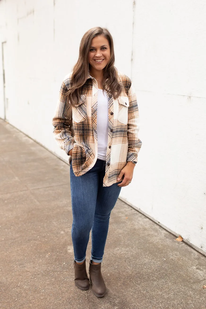 Cream Brown Black Plaid Oversized Fleece Shacket (SM-XL)