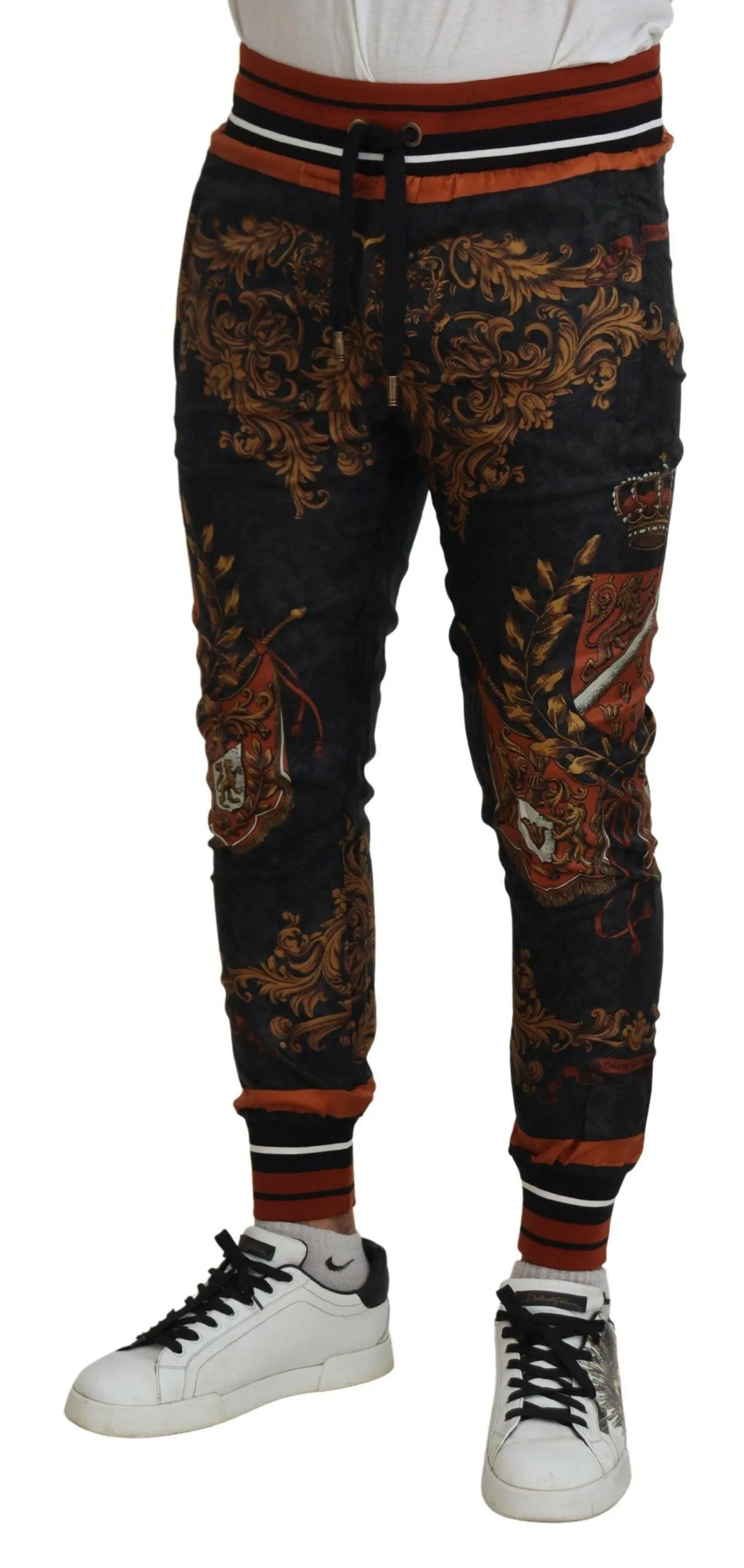 Dolce & Gabbana Gray Silk Baroque Crown Trousers Sport Pants