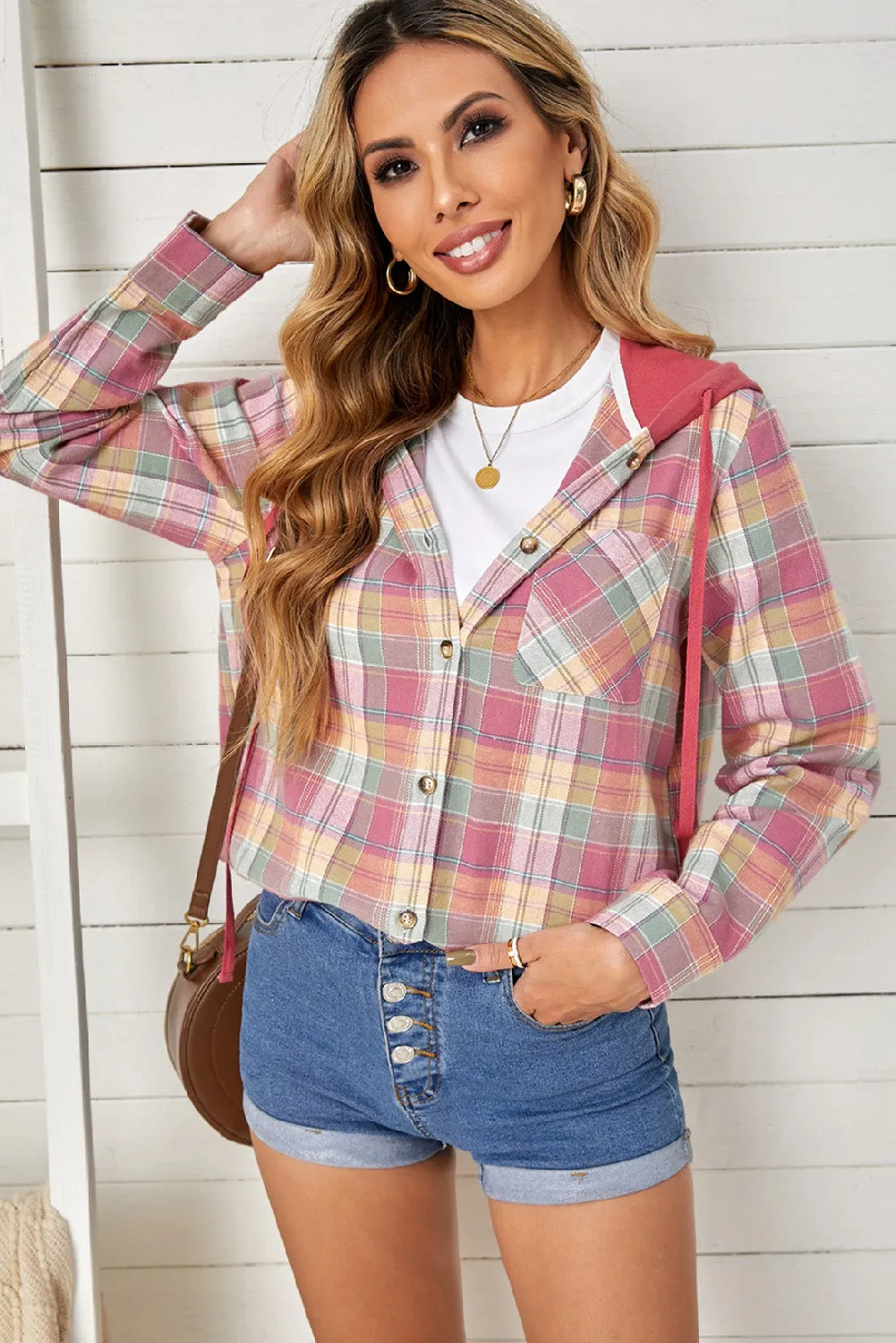 Drawstring Plaid Hooded Shacket