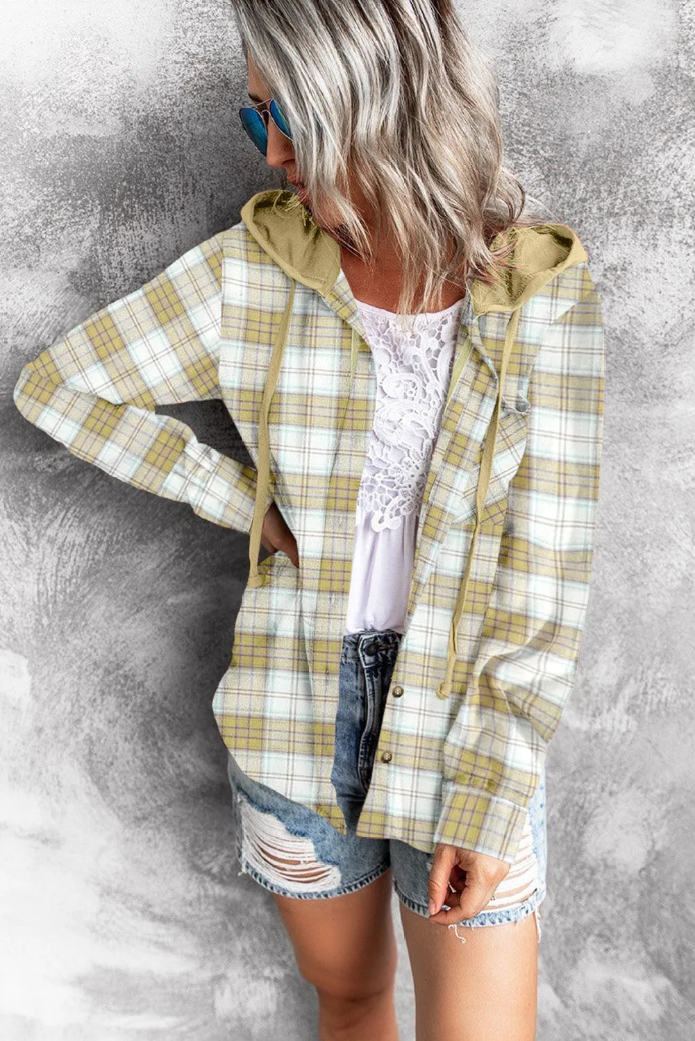 Drawstring Plaid Hooded Shacket