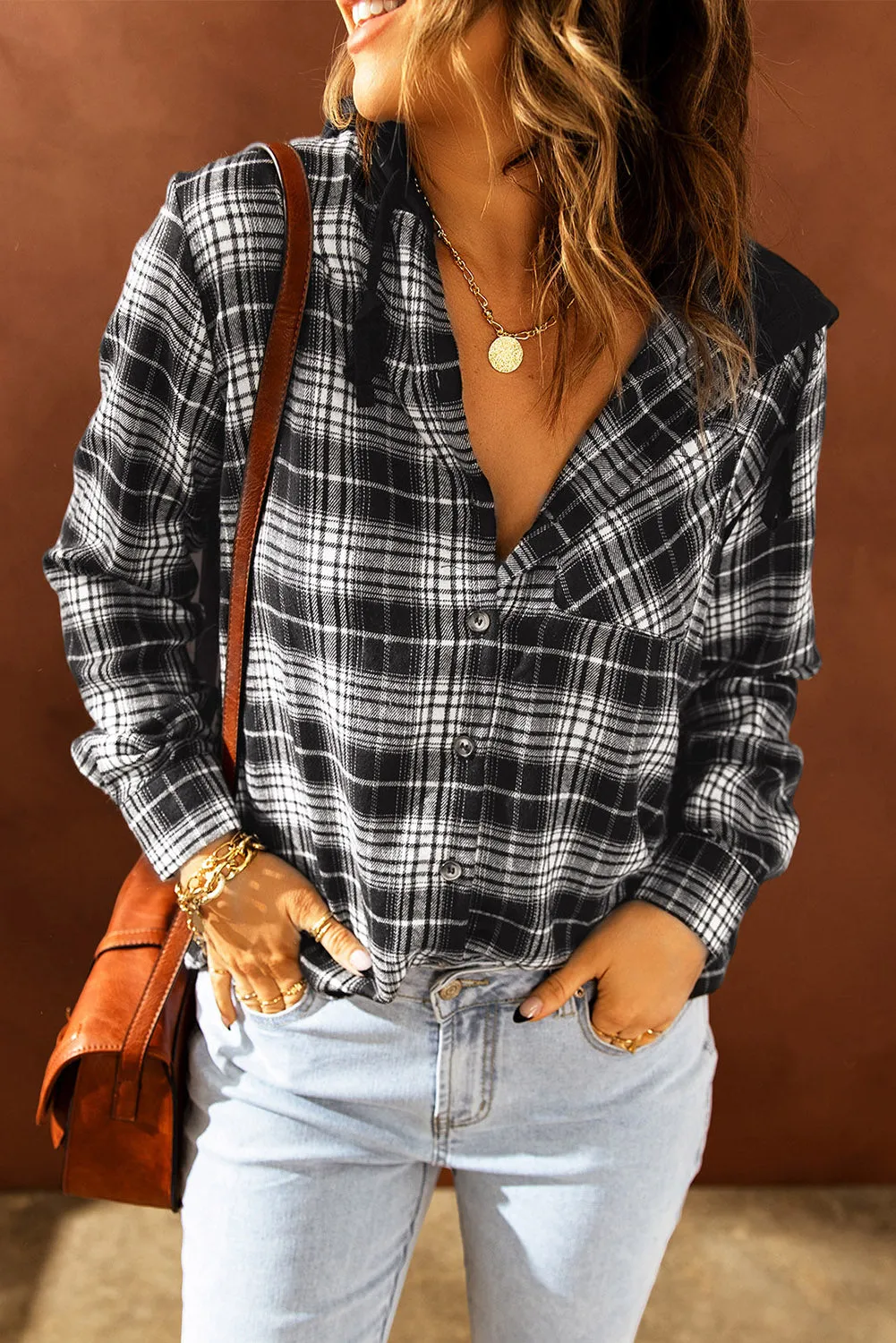 Drawstring Plaid Hooded Shacket